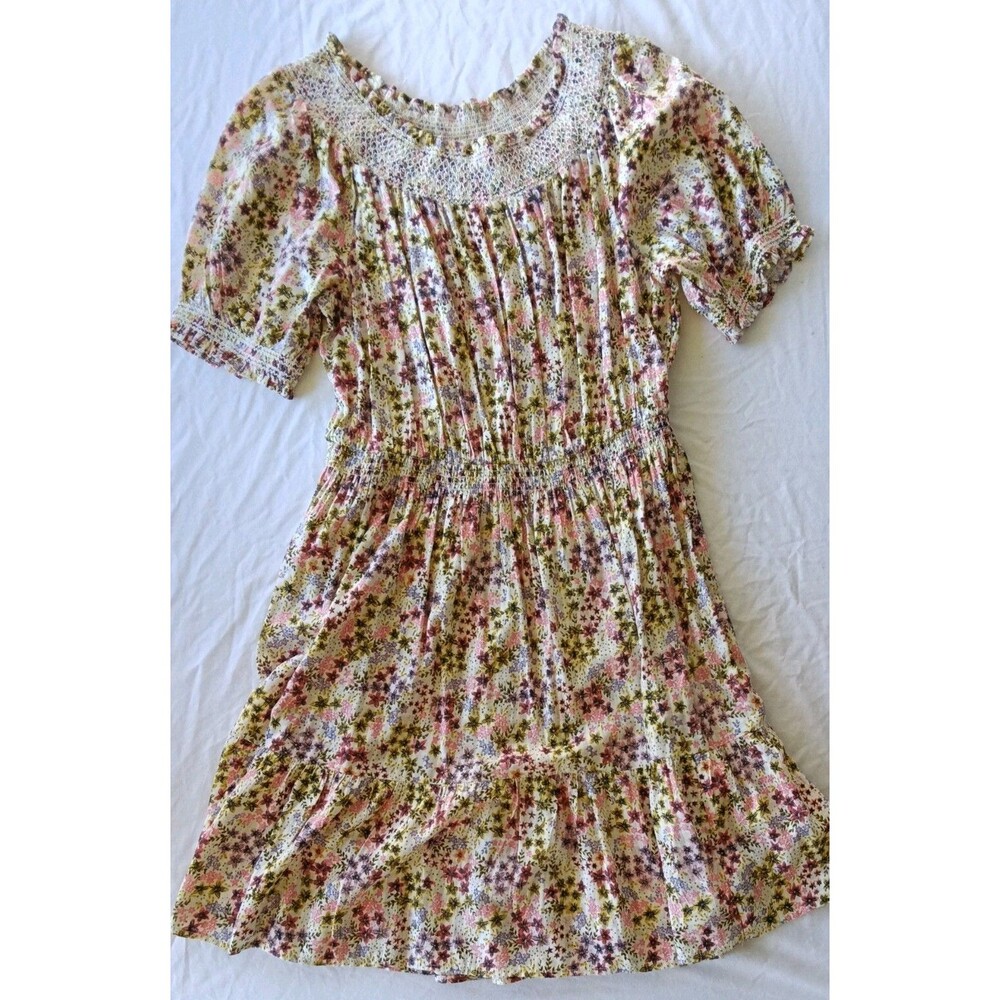 Old Navy White Multi Floral Print Short Blouson Sleeves Dress Size Medium